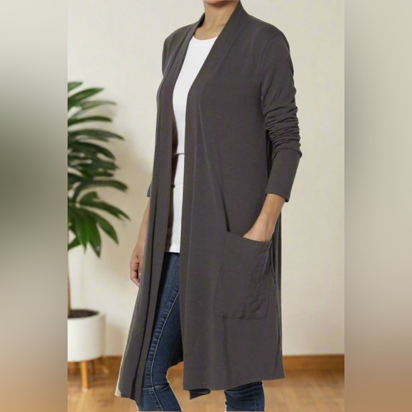 Small NEW Womens Gray Pocket Cardigan, Long Sweater Duster - Picture 4 of 6